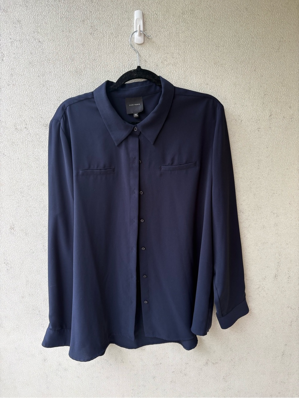 Alex Marie XXL Navy Blue Button Front Blouse Draped Workwear Top